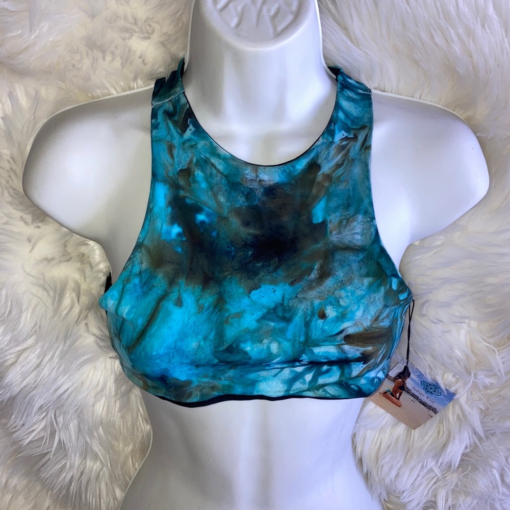 INDIGO WILD Teal Black Reversible Crop Top Swim Tank Handmade S